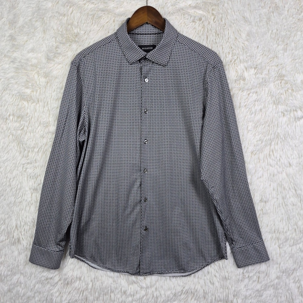Bugatchi Comfort Stretch Mens Black Geometric Diamond Print Button Up Shirt Sz L